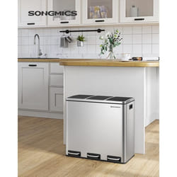 SONGMICS Poubelle de tri 3 x 18L Poubelle à Pédale 3 Compartiments Acier inoxydable Seau en plastique Poignée Argent LTB54NL