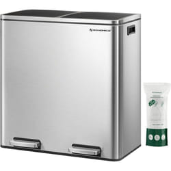 Songmics - Poubelle à Double Compartiment 2 x 30L, avec 15 Sacs Poubelles, Pédales en Métal, 2 Seaux Intérieurs en Plastique, Couvercles, Poignées,