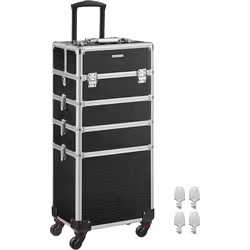 SONGMICS Valise de Maquillage Professionnel 4-en-1 Mallette Cosmétique avec Couverture Verrouillable Roulettes à 360° Noir