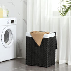 Songmics - Panier à Linge, 90L, Corbeille à Linge en Rotin Synthétique, avec Couvercle et Poignées, Pliable, Sac Intérieur Amovible, Noir LCB51BK