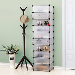Songmics - Armoire modulable, Étagère de Rangement à Chaussures, en Plastique, 10 Compartiments, Montage Facile, Blanc Semi-Transparent LPC10W