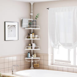 Songmics - tagère de Douche Réglable en Hauteur, Hauteur Totale 95-300 cm, en inox, 4 Niveaux, 3 Crochets, 1 Porte-Serviettes, Rangement Salle de