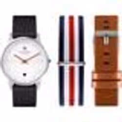 NOERDEN Montre connectée Life - Bracelets interchangeables : silicone noir / cuir marron / nato bleu blanc rouge