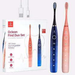 Oclean Flow Find Duo Set, Adulte, Brosse à dents à ultrasons, Blanchiment, Bleu, Rose, 76000 mouvements par minute, 2 min