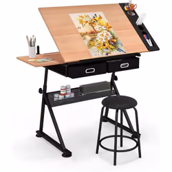 COSTWAY Table à Dessin avec Tabouret Inclinable 0 ° à 60 ° 6 Niveaux - 2 TiroirsHauteur Ajustable 115 x 60 x ( 65-955 ) CM