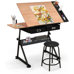 COSTWAY Table à Dessin avec Tabouret Inclinable 0 ° à 60 ° 6 Niveaux - 2 TiroirsHauteur Ajustable 115 x 60 x ( 65-955 ) CM
