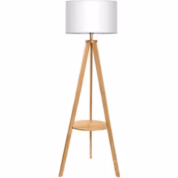 Lampadaire Trépied en Bois TOMONS avec Tablette et Ampoule E27 8W - Style Scandinave