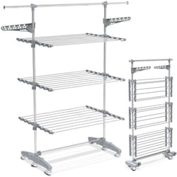 Séchoir à linge pliable avec roulettes - étendoir mobile 3 niveaux - ailes pliables - barre télescopique extensible - Vounot