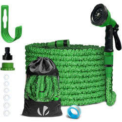 Tuyau d'arrosage extensible 15m vert - 10 modes de pulvérisation - raccord et sac de rangement inclus - flexible, anti-fuite - Vounot