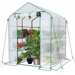 Serre de jardin avec étagères 143x143x195cm blanc - bâche renforcée 135g/m² - fenêtre moustiquaire - porte enroulable zippée - Vounot