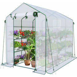 Serre de jardin avec étagères 143x215x195cm blanc - bâche renforcée 135g/m² - fenêtre moustiquaire - porte enroulable zippée - Vounot
