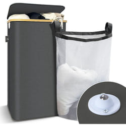 Vounot - Panier à linge pliable 100L avec roulettes avec sac intérieur cadre bambou et couvercle gris
