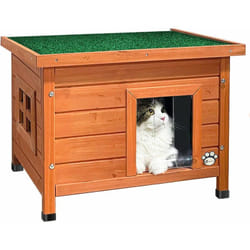 Vounot - Maison pour chat niche en bois - toit bitumé autoportant et incliné - porte à lamelles - fenêtre en plexiglas