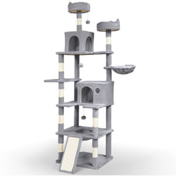 Arbre à chat géant 215cm avec griffoir, 2 niches et 3 plateformes - Gris - Arbre à grimper pour chats