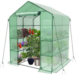 Serre de jardin avec étagères 143x143x195cm vert - bâche renforcée 135g/m² - fenêtre moustiquaire - porte enroulable zippée - Vounot