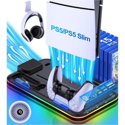 Support PS5 - ALEEMTRY - Ventilateur 3 Vitesses - Lumière RVB - Stockage 15 Jeux - Noir