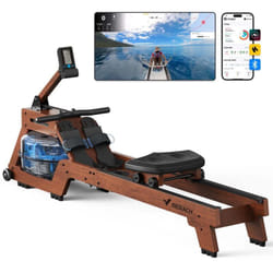 Merach - Rameur à Eau D'appartement, Chaise Ergonomique Confortable, Bois Massif, Connecté App Zwift et Kinomap, Max Charge 150 kg