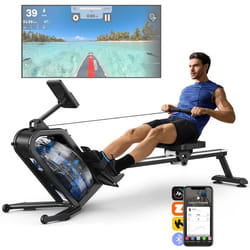 Rameur à eau dappartement Merach 6 niveaux de résistance moniteur bluetooth support de tablette pliable noir connecté App