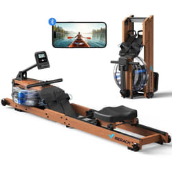 Merach - Rameur à Eau Pliable, 6 Niveaux De Résistance, Bois Massif, Compatible Kinomap et Zwift, Entraînement Connecté à Domicile