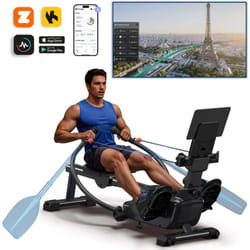 Merach - Rameur pliable à double rame magnétique, 16 niveaux de résistances, Bluetooth, Connecté App Kinomap, silencieux et gain de place