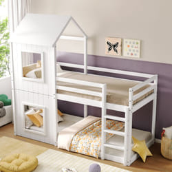 Lit d'enfant Superposé 90x200cm pour Enfant, Lit Maison avec échelle, baldaquin, Lit Cabane avec Barrière de Sécurité, Blanc