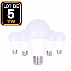 Faites des économies en achetant vos Ampoules LED E27 7W 4500K par Lot de 5. Nos Ampoules Led E27 5W consome 7 Watts mais res ...