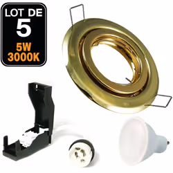 Lot de 5 Spot encastrable orientable Dorée avec GU10 LED de 5W eqv. 40W Blanc Chaud 2800K Kit contenant: x5 Douilles GU10 + x ...