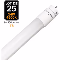 DESCRIPTION GÉNÉRALE Lot de 25 Tubes Neon LED T8 24W 150cm Blanc Neutre 4500k. Ces tubes LED consomment deux fois moins d'éne ...