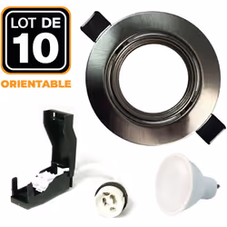 Lot de 10 Spot encastrable orientable INOX avec GU10 LED de 7W = 56W Kit contenant: x10 Douilles GU10 + x10 Ampoules GU10 7W  ...