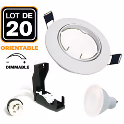 Description générale Ce lot de 20 spots encastrables orientables blancs avec ampoules GU10 LED de 6W (équivalent à 56W) est p ...