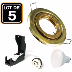 Lot de 5 Spots encastrable orientable DORÉE avec GU10 LED de 7W eqv. 56W Blanc Froid 6000K Kit contenant: x5 Douilles GU10 +  ...