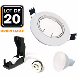 Lot de 20 Spot encastrable orientable blanc avec GU10 LED de 7W = 56W Kit contenant: x20 Douilles GU10 + x20 Ampoules GU10 7W ...