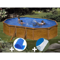 Kit piscine acier aspect bois Gré Sicilia ovale 527 x 327 x 122 m + Bâche à bulles + Tapis de sol