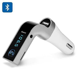 Kit Mains Libres pour Voiture Auto Transmetteur FM sans-fil Bluetooth avec Chargeur USB et prise Jack compatible avec smartphones Blanc