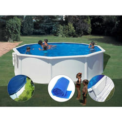 Kit Piscine Acier Blanc Gré Bora Bora Ronde 4,80 X 1,22 M + Bâche Hiver + Bâche À Bulles + Tapis De Sol