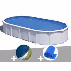 Kit piscine acier blanc Gré Atlantis ovale 7,44 x 3,99 x 1,32 m + Bâche hiver + Bâche à bulles