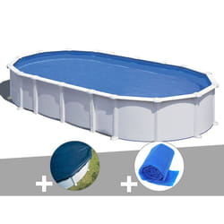Kit piscine acier blanc Gré Atlantis ovale 7,44 x 3,99 x 1,32 m + Bâche hiver + Bâche à bulles