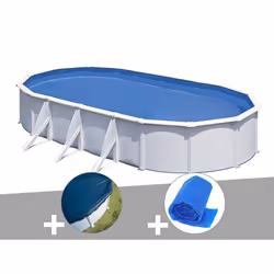 Kit piscine acier blanc Gré Fidji ovale 7,44 x 3,99 x 1,22 m + Bâche hiver + Bâche à bulles