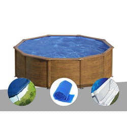 Kit Piscine Acier Aspect Bois Gré Sicilia Ronde 4,80 X 1,22 M + Bâche Hiver + Bâche À Bulles + Tapis De Sol