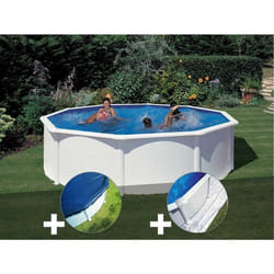 Kit Piscine Acier Blanc Gré Fidji Ronde 4,80 X 1,22 M + Bâche Hiver + Tapis De Sol