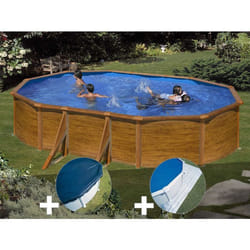 Kit piscine acier aspect bois Gré Sicilia ovale 527 x 327 x 122 m + Bâche hiver + Tapis de sol