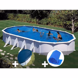 Kit piscine acier blanc Gré Atlantis ovale 10,20 x 5,75 x 1,32 m + Bâche hiver + Bâche à bulles