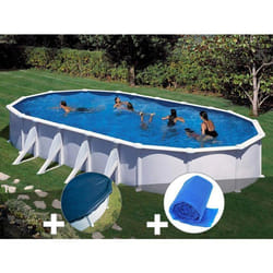 Kit piscine acier blanc Gré Atlantis ovale 10,20 x 5,75 x 1,32 m + Bâche hiver + Bâche à bulles