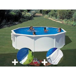 Kit piscine acier blanc Gré Bora Bora ronde 3,70 x 1,22 m + Bâche hiver + Tapis de sol