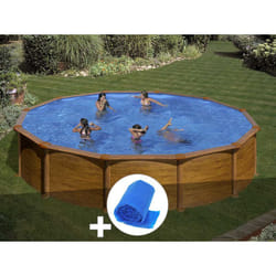 GRE - Kit piscine acier aspect bois Gré Mauritius ronde 5,70 x 1,32 m + Bâche à bulles