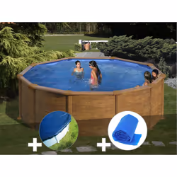Piscine en acier ronde Mauritius Gré, aspect bois pour les baignades en été. Fraicheur et détente au programme de l'été avec  ...