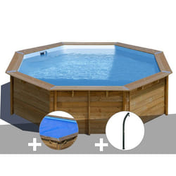 Kit piscine bois Gré Violette 2 Ø 5,00 x 1,27 m + Bâche à bulles + Douche