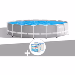 Piscine tubulaire Prism Frame ronde 5,49 x 1,22 m - Intex. Liner en PVC armé triple épaisseur gris clair. Accessoires inclus  ...