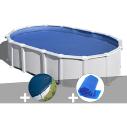 Kit piscine acier blanc Gré Haïti ovale 6,34 x 3,99 x 1,32 m + Bâche hiver + Bâche à bulles