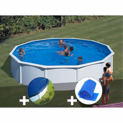 Kit piscine acier blanc Gré Fidji ronde 5,70 x 1,22 m + Bâche hiver + Bâche à bulles